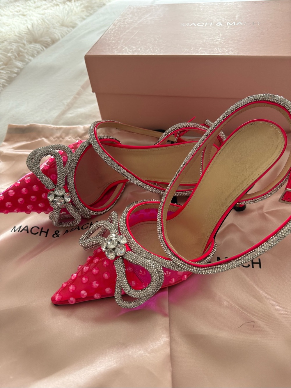 MACH & MACH Hot Pink Crystal-Embellished Pointed Slingback Pumps